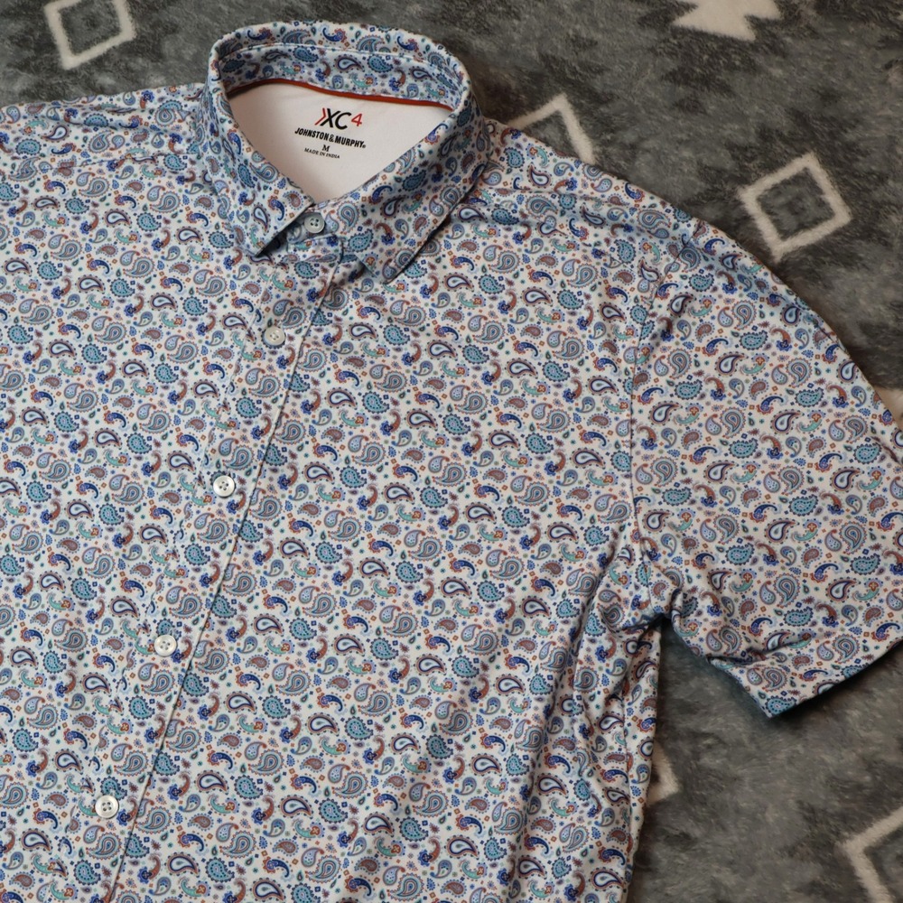 Johnston & Murphy XC4 Paisley Shirt Mens Medium Blue Short Sleeve Button Down